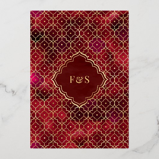 Maroon Rode Marokkaanse Arch Moslim Bruiloft Goud Folie Uitnodiging (Achterkant)
