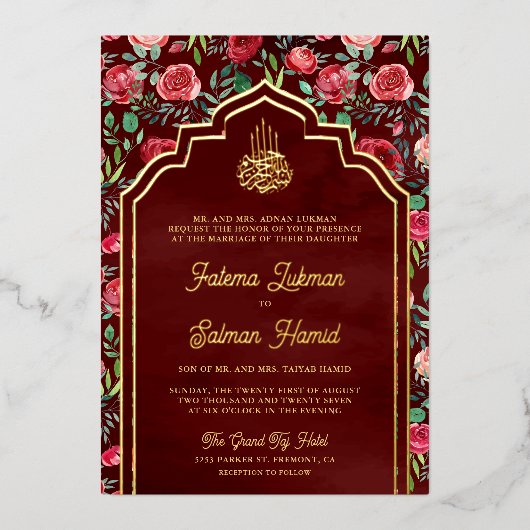 Maroon Rode Rozen Bloemen Moslim Bruiloft Goud Folie Uitnodiging (Voorkant)