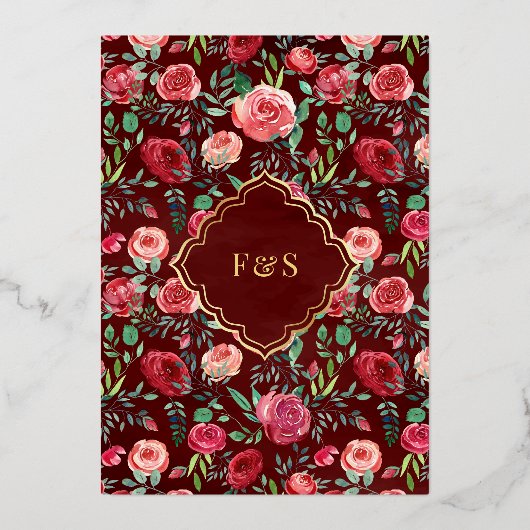 Maroon Rode Rozen Bloemen Moslim Bruiloft Goud Folie Uitnodiging (Achterkant)