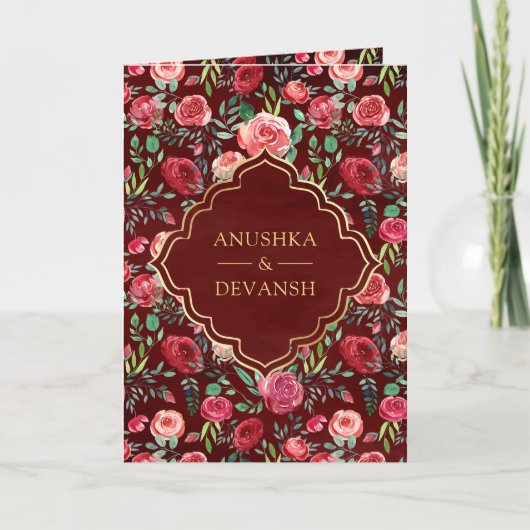 Maroon rode rozen bloemengoud Indiase bruiloft (Voorkant)