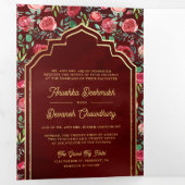 Maroon rode rozen bloemengoud Indiase bruiloft Drieluik Uitnodiging (Binnenzijde eerst)