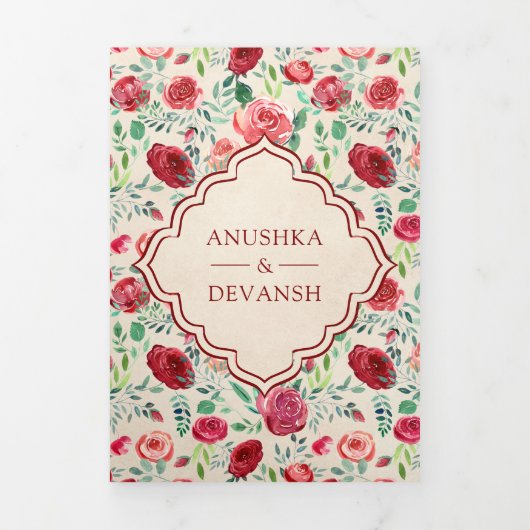 Maroon rode rozen bloemenindiaanse bruiloft Drieluik Uitnodiging (Cover)