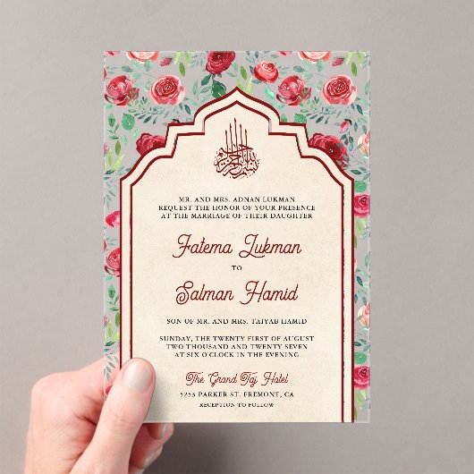  Maroon rode rozen bloemenmoslim bruiloft Acryl Uitnodigingen (Insitu (Draagbaar))