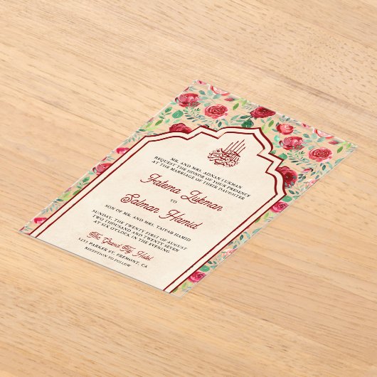  Maroon rode rozen bloemenmoslim bruiloft Acryl Uitnodigingen (Laagn)