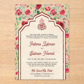  Maroon rode rozen bloemenmoslim bruiloft Acryl Uitnodigingen (Voorkant)