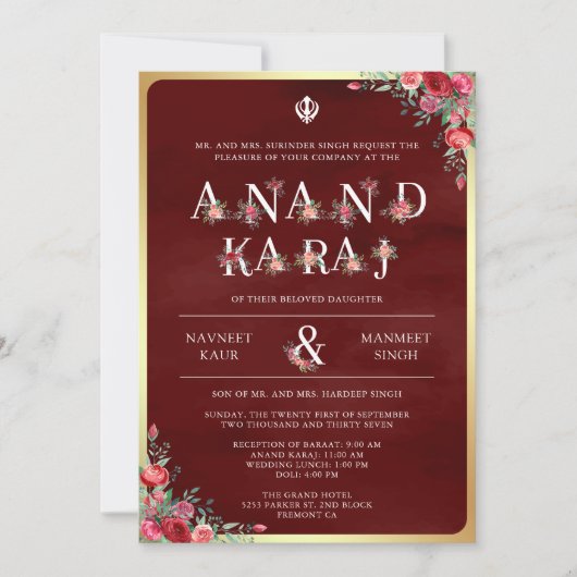 Maroon Rode Typografie Anand Karaj Sikh Bruiloft Kaart (Voorkant)
