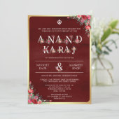 Maroon Rode Typografie Anand Karaj Sikh Bruiloft Kaart (Staand voorkant)