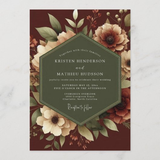 Maroon Romantic Botanical Wedding Kaart (Voorkant)