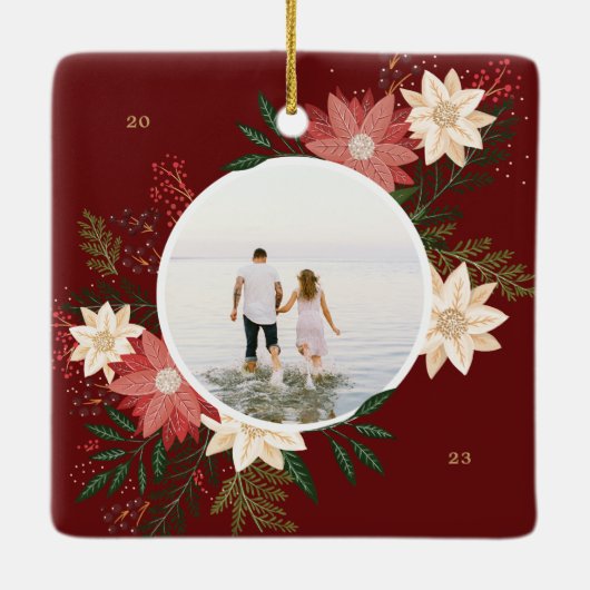 Maroon Ronde Foto Bloemen Kinder Kerst Keramisch Ornament (Achterkant)
