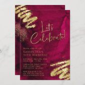 Maroon Rood en Goud Verjaardag Uitnodiging (Voorkant / Achterkant)