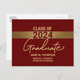 Maroon rood goud klasse 2024 University Afstuderen Briefkaart