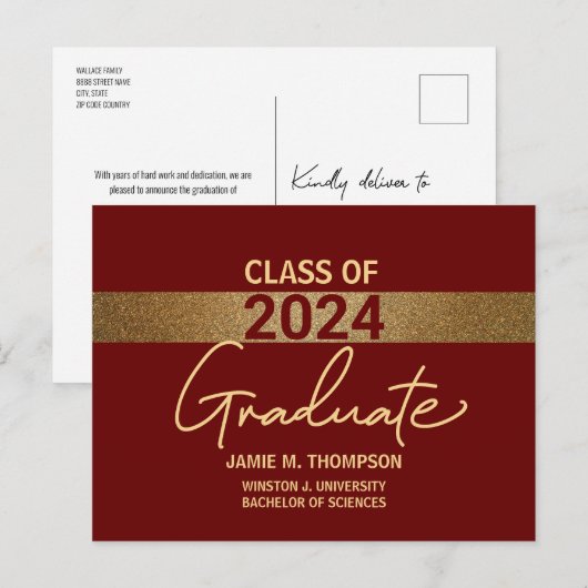 Maroon rood goud klasse 2024 University Afstuderen Briefkaart (Voorkant / Achterkant)