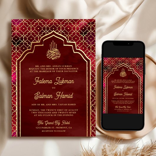 Maroon rood goud Marokkaanse Arch moslim bruiloft Kaart