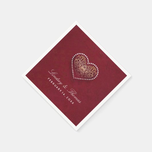 Maroon Rood Goud & Wit Bloemen Hart Bruiloft Servetten (Hoek)