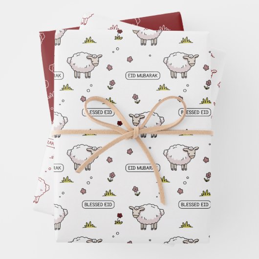 Maroon rood schaap Eid Mubarak Kinder Inpakpapier Vel (In situ)