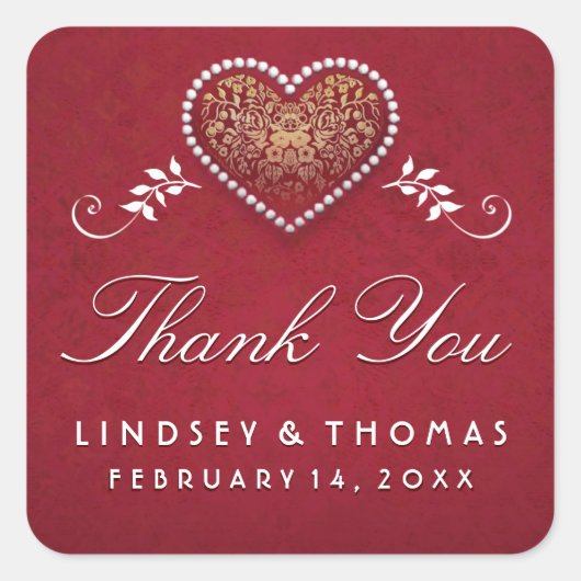 Maroon rood & wit bloemenhart bruiloft dank u vierkante sticker (Voorkant)