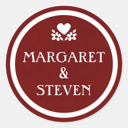 Maroon Rood & Wit Bruiloft Cirkel Naam Sticker (Voorkant)