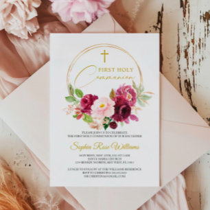 Maroon Roos Floral Eerste Heilige Communie Kaart