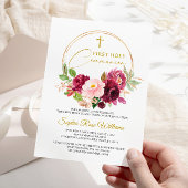 Maroon Roos Floral Eerste Heilige Communie Kaart