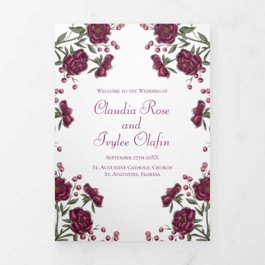 Maroon Rose Wedding Programs Drieluik Programma (Cover)