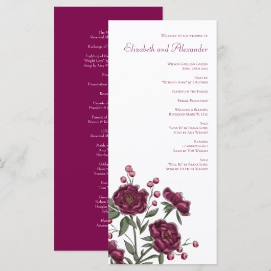 Maroon Rose Wedding Programs Menu (Voorkant / Achterkant)