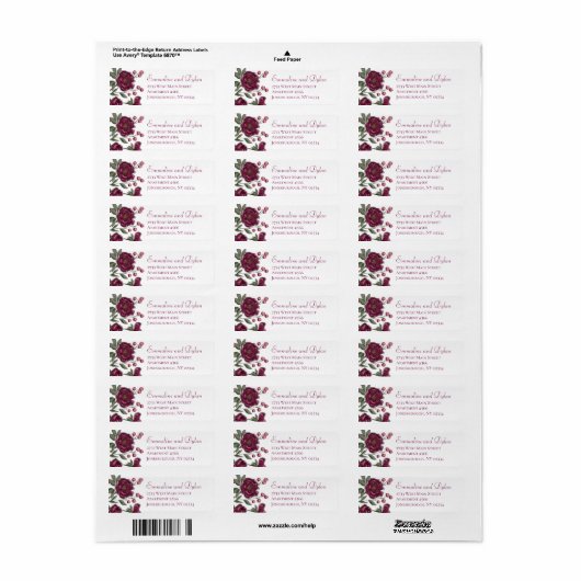 Maroon Rose Wedding Return Address Labels (Full Sheet)