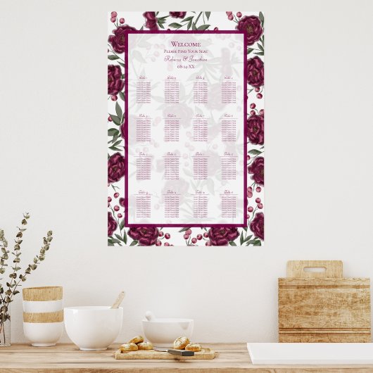 Maroon Rose Wedding Seating Chart Poster (Keuken)