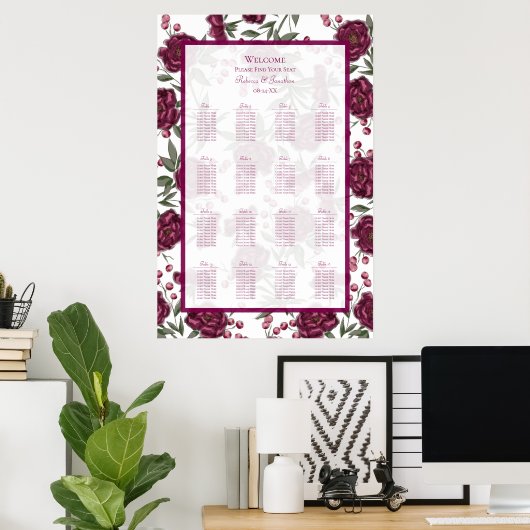 Maroon Rose Wedding Seating Chart Poster (Thuiskantoor)