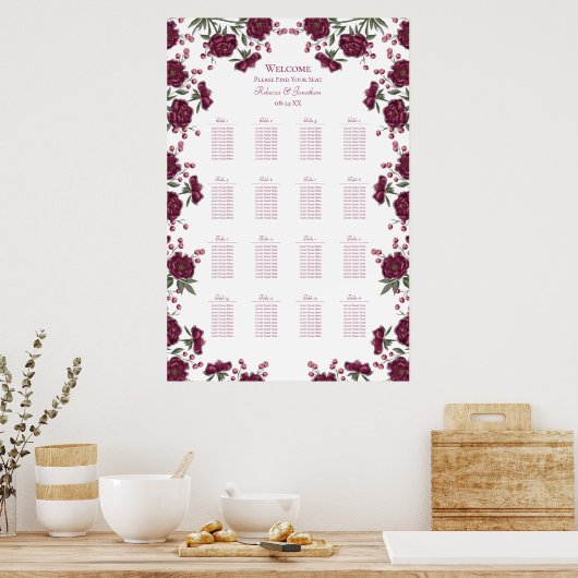 Maroon Rose Wedding Seating Chart Poster (Keuken)