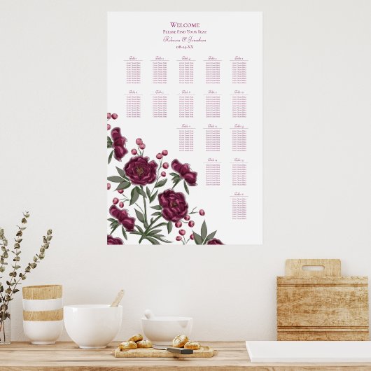 Maroon Rose Wedding Seating Chart Poster (Keuken)