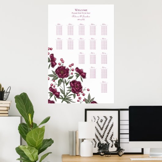 Maroon Rose Wedding Seating Chart Poster (Thuiskantoor)