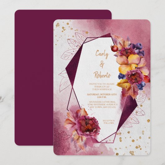 Maroon Roze Bloemen Modern Geometrisch Lijst Weddi Kaart (Voorkant / Achterkant)