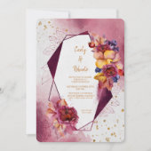 Maroon Roze Bloemen Modern Geometrisch Lijst Weddi Kaart (Voorkant)