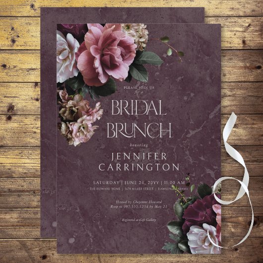 Maroon & Roze Bloemen Moderne Bruidsbrunch Kaart