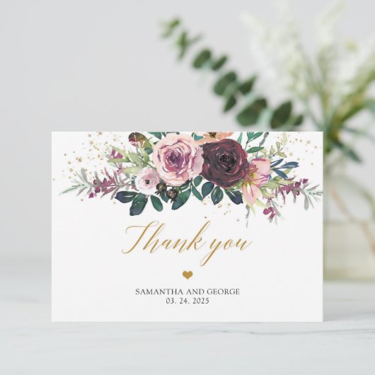 Maroon rozen blozen blozend gouden glitter bedankkaart (Staand voorkant)