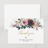 Maroon rozen blozen blozend gouden glitter bedankkaart (Voorkant / Achterkant)