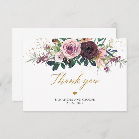 Maroon rozen blozen blozend gouden glitter bedankkaart (Voorkant / Achterkant)