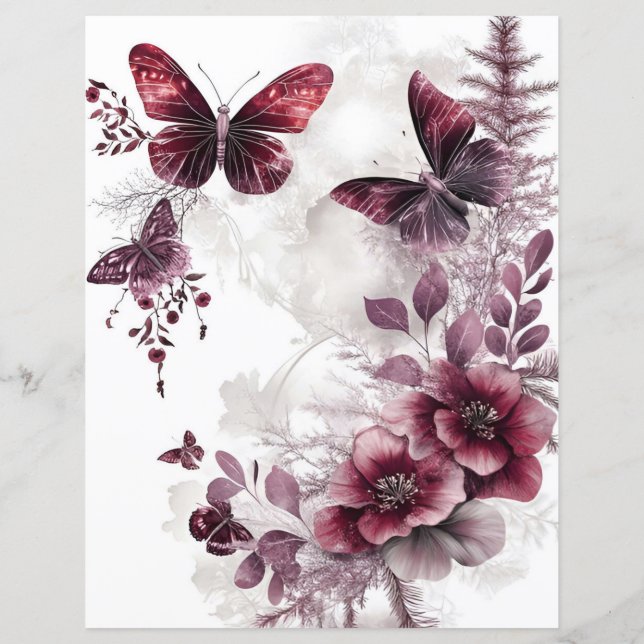 Maroon rozen en vlinders schroot-boekingspapier (Achterkant)
