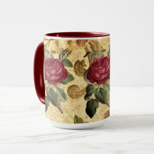  Maroon Rozen op Gouden Tapestry Koffie Mok (Voorkant links)
