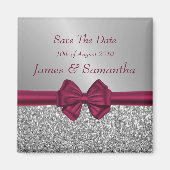 Maroon Satijn Boog & Zilver - Save The Date Magneet (Voorkant)