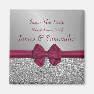 Maroon Satijn Boog & Zilver - Save The Date Magneet