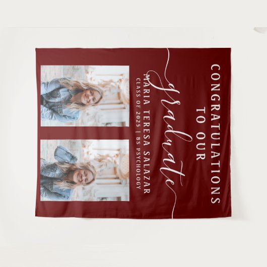 Maroon Script Calligraphy Twee Foto's Afstudeerfee Wandkleed (Voorkant (horizontaal))