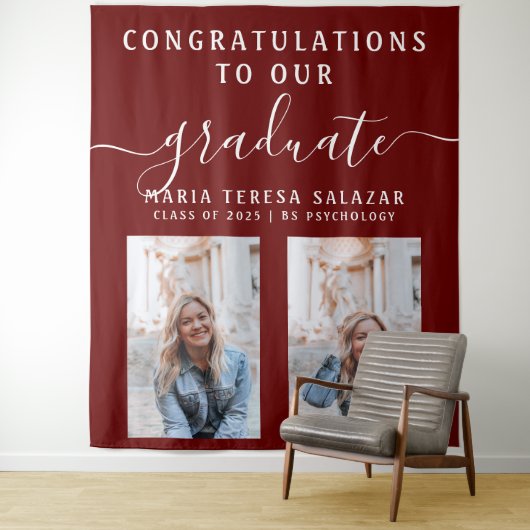 Maroon Script Calligraphy Twee Foto's Afstudeerfee Wandkleed (In situ)