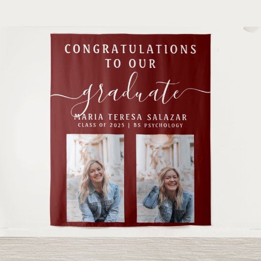 Maroon Script Calligraphy Twee Foto's Afstudeerfee Wandkleed (Voorkant)