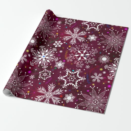 maroon-snowflake-patroon inpakpapier (Uitgerold)