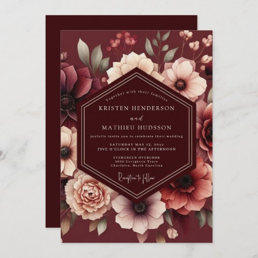 Maroon Somber Bloom Wedding Kaart (Voorkant / Achterkant)