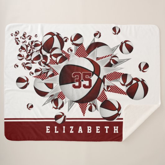 Maroon Sportruimte Meisjes Basketballen Sterren Sherpa Deken (Voorkant (horizontaal))