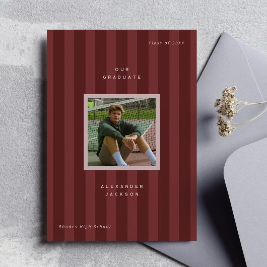 Maroon Sporty Stripes Graduation Photo  Aankondiging