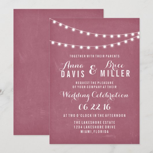 Maroon Summer String Licht Huwelijksuitnodigingen Kaart (Voorkant / Achterkant)