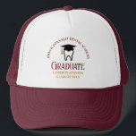 Maroon tandheelkundige school aangepaste tandarts  trucker pet<br><div class="desc">Deze aangepaste kastanjebruine tandheelkundige school afstuderen keepsake is voorzien van een pet met een afstudeerdop voor een klasse van 2025 tandheelkunde afstuderen. Pas met uw afstuderen jaar voor een grote gepersonaliseerde mondhygiënist,  orthodontist,  of tandarts afstuderen cadeau.</div>